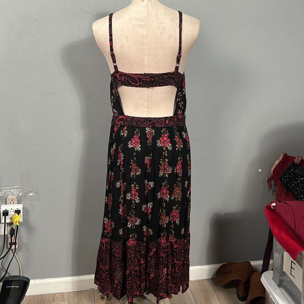 Wild Pearl Cotton Blend Open Back Floral Black and Pink Maxi Dress Boho size S